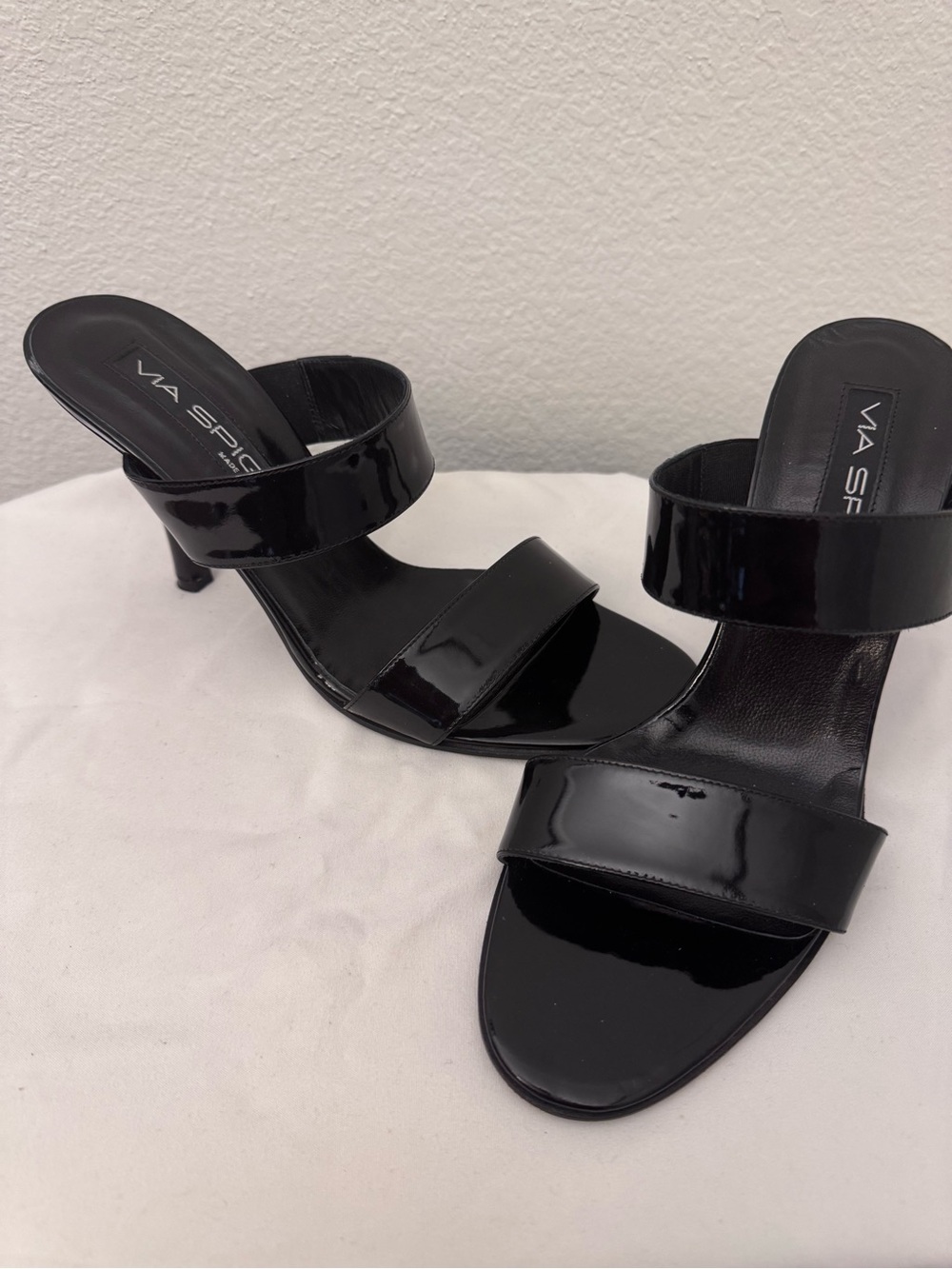 Via Spiga Black Patent Double-Band Slide Mules